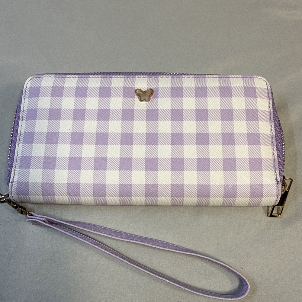 Claire's Lavender Gingham Butterfly Zip-Around Wristlet Wallet